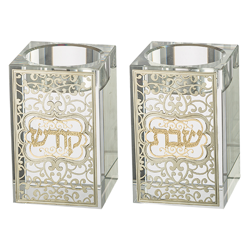 זוג פמוטי קריסטל מרובע עם פלקטה "עיטור" 8 ס"מ